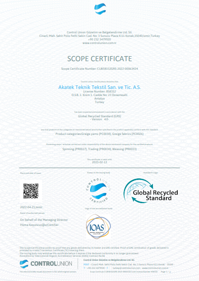 GRS (Global Recycled Standard) Certificate