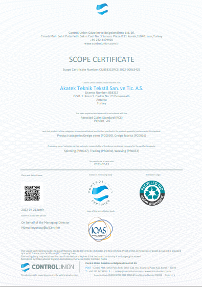 RCS (Recycled Claim Standard) Certificate
